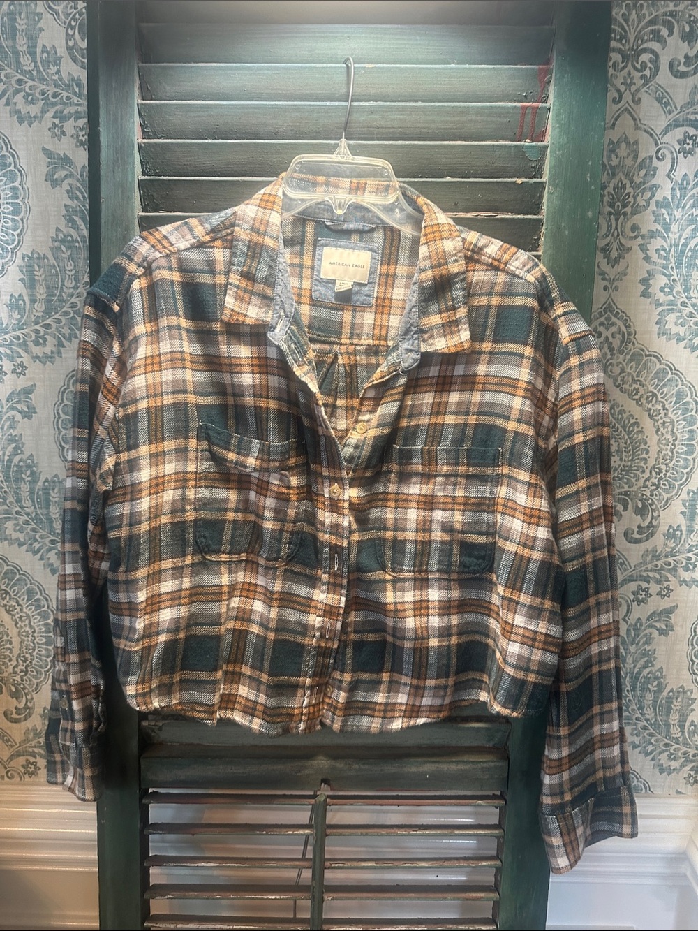 American Eagle Green & Brown Plaid Cropped Flannel Shirt